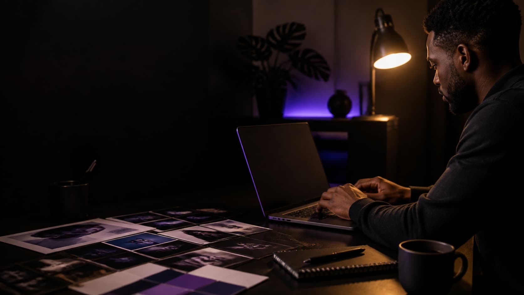 A Black strategist working on a brand brain at a laptop in a dark workspace.