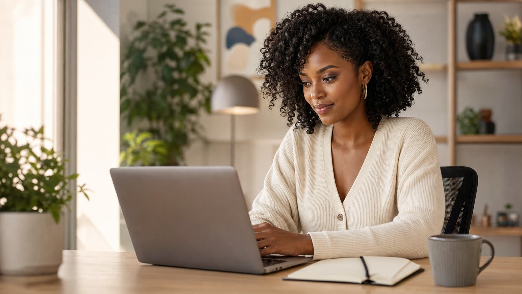 A Black woman marketing strategist planning a campaign at her laptop.