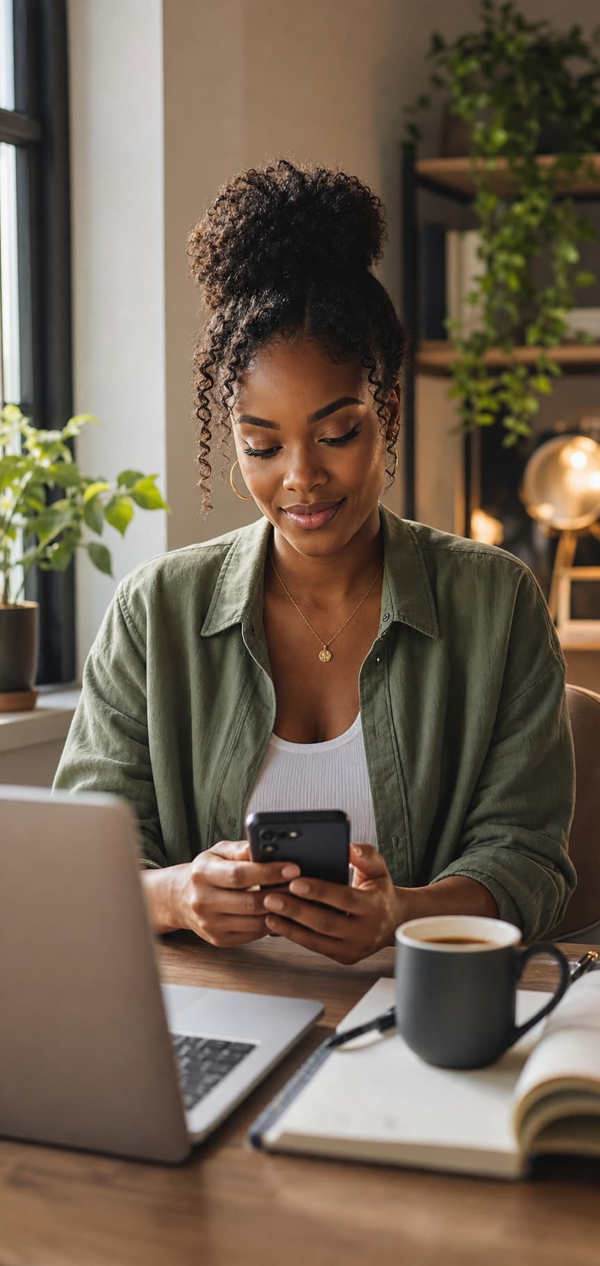 A Black content creator using her phone to review the week's content plan.